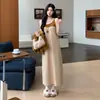 XMF Caramel Melody Cardigan de Tricô Outono Novo + Vestido Listrado Conjunto de Duas Peças para Maternidade Saia Evasê