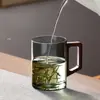 Soot Transparente Madera Manejo Taza de una Sola Capa Resistente al Frío Resistente al Calor Vidrio Taza para Té de Burbujas Madera de Nogal Manejo Agua Vidrio de Borosilicato Alto