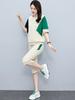 Traje deportivo informal de talla grande para mujer, verano 2023, estilo coreano, de moda, de manga corta, pantalones de media longitud, con costuras, traje de dos piezas para mujer.