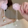 Pendientes de Borla de Flor de Perla Rosa Plateada Clavos de Oreja Pequeños Frescos Estilo Mori Accesorios de Oreja de Alta Gama Moda Venta al por Mayor