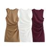 Vestido corto plisado sin mangas para mujer, estilo europeo y americano, de punto tricolor, ajustado, con cuello redondo y decoración