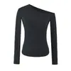 Camiseta feminina assimétrica de um ombro só com manga longa, peça básica de outono/inverno de alta qualidade com corte justo, tecido escovado, top moderno ombro a ombro