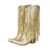 Botas de Salto Alto até o Joelho com Franjas e Lantejoulas em Dourado e Prata, Saltos Grossos, Sapatos Femininos de Moda de Palco Plus Size