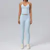 Conjunto de yoga ecológico de poliéster reciclado y spandex con cuello halter para mujer, leggings de cintura alta con patchwork de longitud completa, conjunto deportivo de dos piezas para fitness