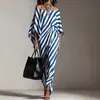 Site Independente Amazon Cruzamento Europeu e Americano Listrado Ombro a Ombro Solto Longo Vestido para Mulheres, Estilo Fashion de Férias Vestido de Praia