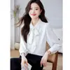 Foto Real da Nova Camisa Versátil de Manga Longa com Gravata Borboleta Estilo Coreano para Mulheres - Coleção Primavera 2026