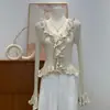 Puro Deseo Estilo Chica Picante Suéter de Punto de Manga Larga para Mujer Otoño Invierno Nuevo Cuello con Volantes Adelgazante Chic Top Corto