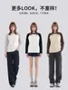 Directo de fábrica, top de algodón puro pesado para mujer de otoño e invierno con mangas raglán largas, colores contrastantes, cuello redondo, camiseta básica cómoda y versátil