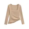 Camiseta interior de moda con escote bajo para mujer, con un elegante escote cuadrado de doble capa, corte ajustado, camiseta de manga larga moderna y cálida