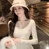 Elegante diseño de socialité, top de punto con encaje empalmado inspirado en Chanel para mujer, nueva camiseta básica ajustada de otoño e invierno 2024