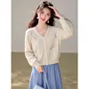 Cardigã de malha com gola bordada floral estilo coreano para mulheres, casaco suéter doce vintage de outono