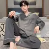 Pijama de hombre 100% algodón puro, nuevo cárdigan de manga larga y pantalón largo para primavera y otoño con cuello de solapa, ropa de casa de moda estilo coreano adecuada para uso en exteriores