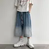Pantalones Capri de Mezclilla Unisex Verano Estilo Americano High Street Lavados Holgados de Moda Pantalones Cortos de Pierna Ancha