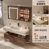 2026 Nuevo Modelo Gabinete de Baño de Madera de Nogal y Cerámica con Lavabo de Placa de Roca Integrado Curvado en Caliente Tocador en Nuevo Estilo Chino