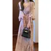 Vestido largo de estilo francés para primavera y otoño, color rosa con lunares y cintas, cuello en V, elegante, entallado en la cintura, estilizado, línea A, venta al por mayor transfronteriza
