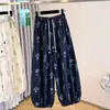 Calças pantalona de algodão e linho com estampa retrô para mulheres, calças harém cropped finas casuais de verão, calças jogger versáteis de corte solto
