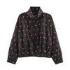 Jaqueta bomber ZA transfronteiriça europeia e americana feminina, popular no AliExpress, casual com corte solto, gola alta, estampa de bolinhas