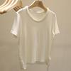 Más simple, más de centavo ~ camiseta de manga corta lisa con cuello redondo de encaje para mujer, moda de primavera y verano, chaqueta base combinable