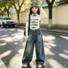 Conjunto de Outono para Meninas Estilo Street Dance Tendência Cool Calça Jeans Wide-Leg Crianças Tamanho Médio e Grande Camisa de Manga Longa Slim Base Primavera/Outono