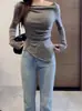 Camiseta Básica Irregular de un Hombro para Mujer en Primavera y Otoño, Capa Interior de Terciopelo Alemán, Aspecto Adelgazante, Sexy de Hombro Caído Manga Larga