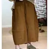 Calça de Algodão e Linho Artística Feminina Retro Cor Sólida Cintura Elástica Solta Emagrecimento Lanterna Perna Larga Calça Cropped Casual Feminina Verão
