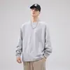 Camiseta de manga comprida de cor sólida, peso pesado, para primavera e outono, masculina, branca, corte solto, tamanho grande, gola redonda, top de base, moletom