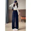 Pantalones de pana azul marino de pierna ancha con cintura alta, efecto adelgazante, diseño casual de pierna recta y un toque de forro de terciopelo.