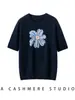Suéter de Caxemira com Bordado de Flores Luxuoso Outono Inverno Camiseta Solta Gola Redonda Manga Curta Tricô Camada Base Tricô