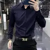 Camisa de manga larga de alta gama francesa, no planchar, antiarrugas, caída suave, para hombre, corte slim, elástica, color liso, camisa casual para otoño