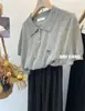 Estilo Coreano Solapa Pequeña Patrón de Cáñamo Bordado Lazo Manga Corta 5 Prendas de Punto de Lana Jersey Tejido Fino