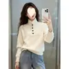 Suéter de punto para mujer con cuello alto abotonado, estilo suave, suéter pullover casual holgado, top de punto juvenil