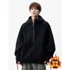 Moletom com Capuz High Street Americano Masculino Outono e Inverno Novo Pesado Solto com Meio Zíper Moletom Casual Top Jaqueta Tendência
