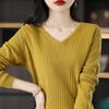 Suéter de algodón peinado 100% para mujer, jersey de cuello en V, manga larga, holgado, talla grande, corto, primavera