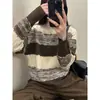 Tejido de Punto Rayado en Color de Contraste Ropa Exterior Holgada para Mujer Nuevo Estilo Otoño e Invierno 2025 Tejido de Punto Básico de Manga Larga Perezoso y Elegante con Cuello Redondo