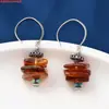 Pendientes de Plata de Ley S925 con Cuentas Dzi, Hojas, Nubes Propicias, Flores Pequeñas, Ámbar de Cera de Abeja Esmaltada, Pendientes de Estilo Étnico Antiguo Retro