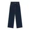 Jeans Retro Azul Escuro High-End Calça Reta Feminina Outono Cintura Alta Solta Casual Calça Wide-Leg Calça Comprida
