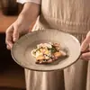 Plato Cerámico Poco Profundo Rayado Creativo Plato Grande Estilo Retro Japonés Vajilla Redonda para el Hogar Plato para Ensalada Pasta