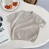 Ins luz bosque de oxígeno estilo~conjunto de verano para niños color ginkgo bebé camisa de punto calado pantalones casuales de nueve puntos para niños modernos