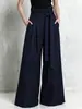 Pantalones de pierna ancha de algodón y lino de cintura alta, estilo europeo y americano para mujer, con cintura plisada de papel, tirantes de amarre y un corte holgado y fluido, adecuados para ir al trabajo.