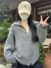Cárdigan de Punto de Color Sólido Estilo Casual para Mujer, Versión Coreana, Corte Holgado, Cuello Solapa, Suéter Abrigo con Doble Cremallera, Lana de Alpaca para la Temporada Navideña