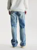 Calça jeans masculina lavada com estampa de rachadura de raio, estilo high street americano, lavada e desgastada, calça casual de perna reta e larga