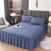 Juego de Sábana Bajera Ajustable de Algodón Lavado de Color Sólido Falda de Cama de una Pieza Juego de Tres Piezas Protector de Colchón Grueso con Falda Dos en Uno