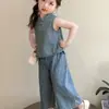 Conjunto de Verão Sem Mangas para Meninas Estilo Chinês Novo Estilo Novo Conjunto Chinês de Duas Peças Traje Antigo Colete Jeans Infantil Em Estoque