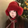 Gorro de Punto Peludo Colorido Estilo Coreano con Correas para Mujer, Invierno Rojo Año Nuevo Espesado Cálido Lana Protector de Orejas
