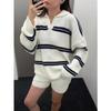 Top Exterior de Punto Grueso a Rayas Retro para Mujer Coreano Otoño e Invierno Nuevo Conjunto de Dos Piezas de Pantalones Cortos de Punto Sueltos