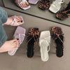 2025 Tendência Verão Nicho Salto Alto Estampa de Leopardo Bico Aberto Estilo Chinês Francês Elegante Ao Ar Livre Bico Quadrado Aumento de Altura Mules