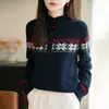 Suéter de Tricô Jacquard Fair Isle para Mulheres, Suéter de Gola Meio Aberta com Botões de Alto Padrão Estilo Francês, Suéter Interno Quente Elegante para Outono e Inverno