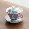 Yuerui azul e branco tigela com tampa conjunto de chá kung fu individual fabricante de chá doméstico com furo de filtro tigela com tampa de três peças tigela grande de mão