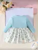 Vestido para Bebê Menina 0-12M, Vestido Floral de Manga Longa com Laço e Design Falso de Duas Peças + Faixa de Cabelo