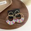 Estilo Ins Bohemio de Vacaciones Pendientes Redondos de Paja Hechos a Mano Pendientes para Foto en la Playa de Mujer Anillo de Oreja de Moda